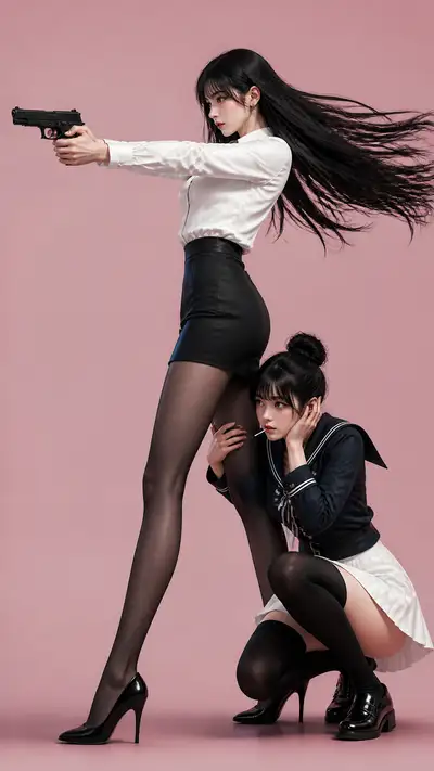 Cinematic action-fashion poster with two stylized characters
