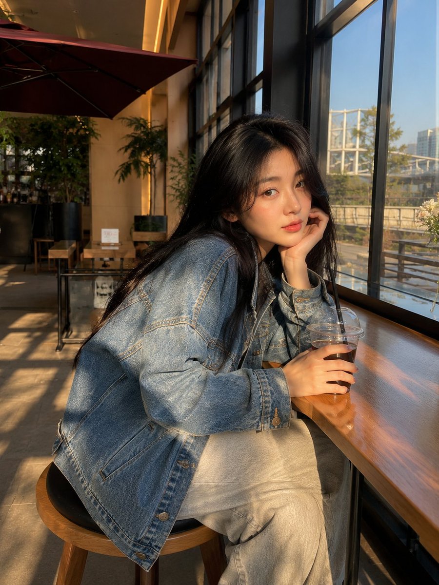 Golden-hour cafe lifestyle portrait, looking over the shoulder