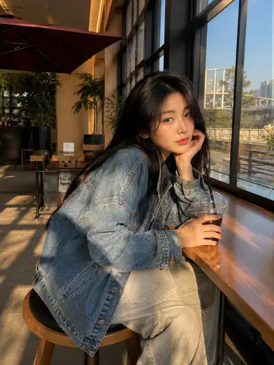 Golden-hour cafe lifestyle portrait, looking over the shoulder