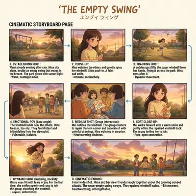 Filmisches Anime-Storyboard: einsames Mädchen findet Freundschaft, 8 Panels