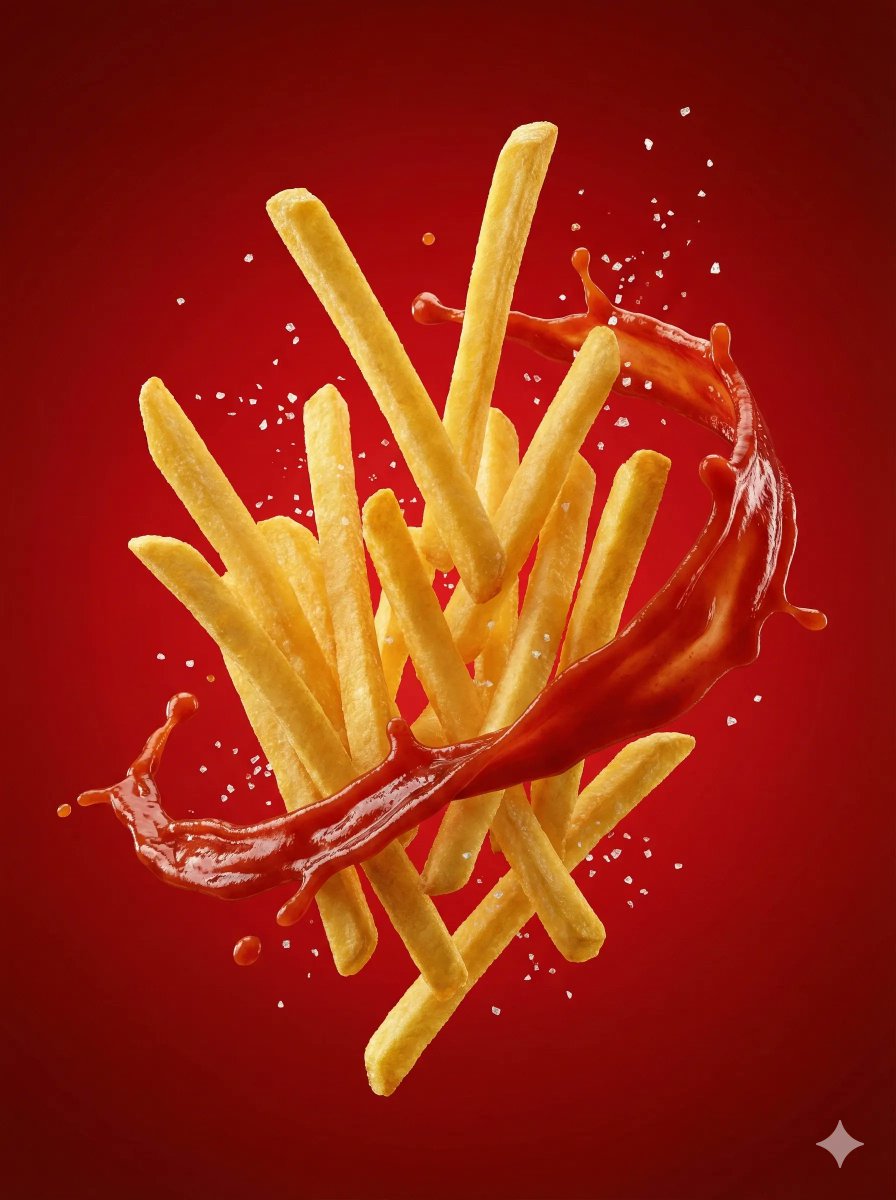 French fries bursting upward with a ketchup arc