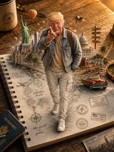 Traveler emerging from a sketched notebook page in 3D