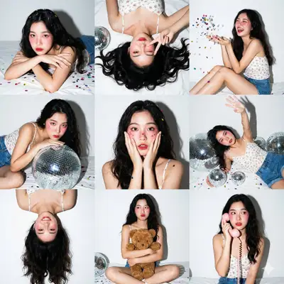 9-panel grid home-party photoshoot with disco balls and confetti flash
