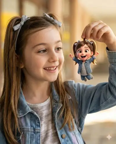Whimsical portrait of a girl holding a tiny Pixar-style figure