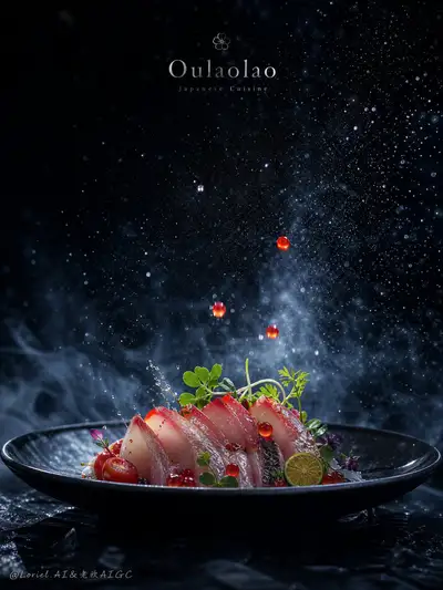 Blue-black Japanese cuisine poster with glowing red ingredient accents