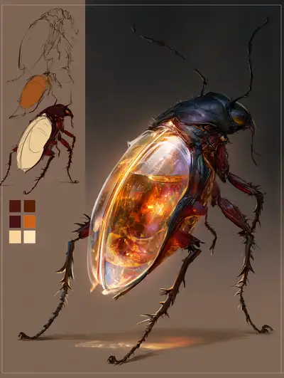 Fantasy creature concept art with sketch development stages