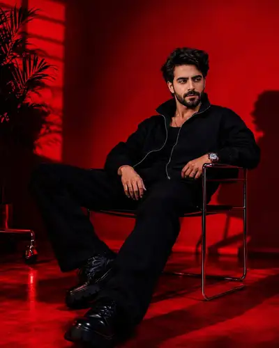 Dramatic red-lit cinematic studio portrait