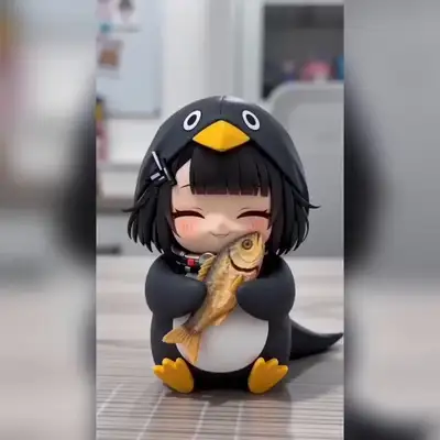 ちびアニメペンギンコスチュームキャラクターと干し魚、JSONプロンプト