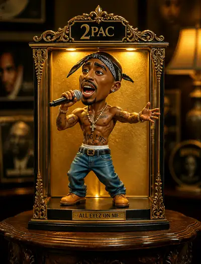 Collectible Cartoon Figurine of 2Pac Singing Into a Microphone