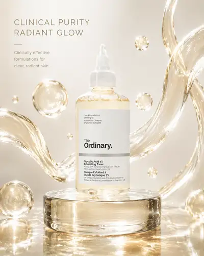 Minimalist white and gold luxury skincare bottle ad