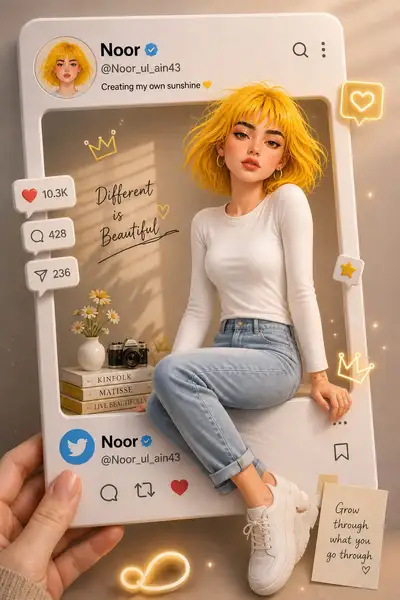 Carte de profil réseau social 3D avec fille stylisée et éléments d'interface néon