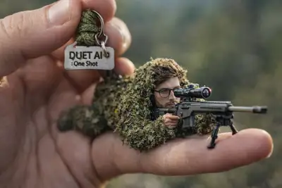 Hyper-realistic macro shot of hand with miniature sniper