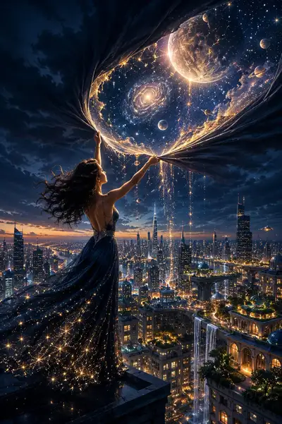 Cinematic Fantasy Portrait: Woman Opening the Night Sky