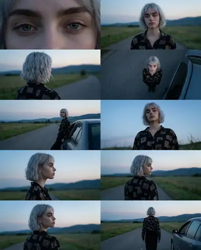 Série de portraits en grille façon storyboard cinématographique sur une route de campagne