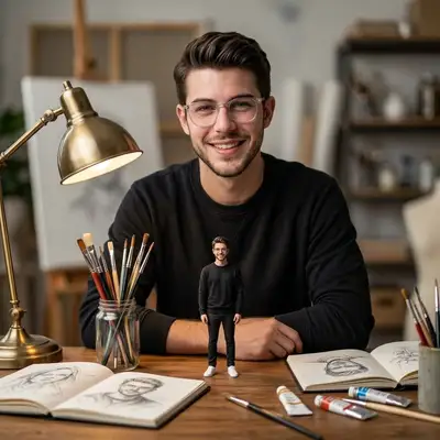 Man with tiny miniature figurine of himself on desk