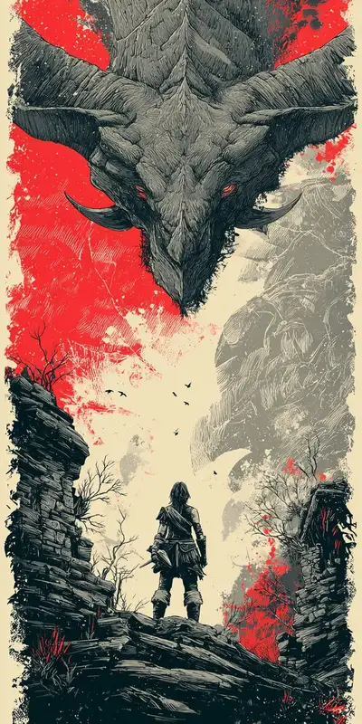Trash Polka Medieval Dragon and Warrior
