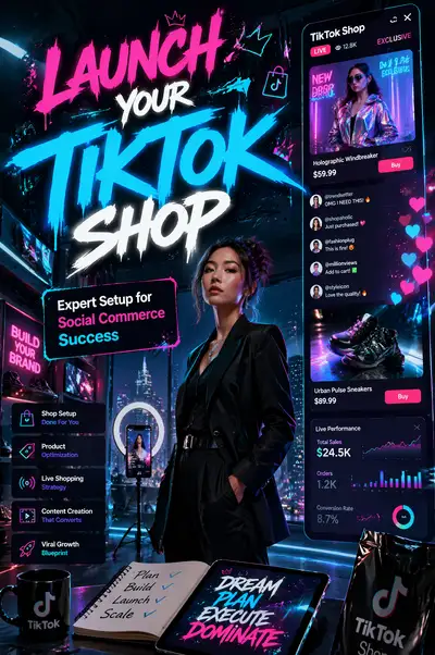Vertical TikTok Shop launch ad with neon founder visual