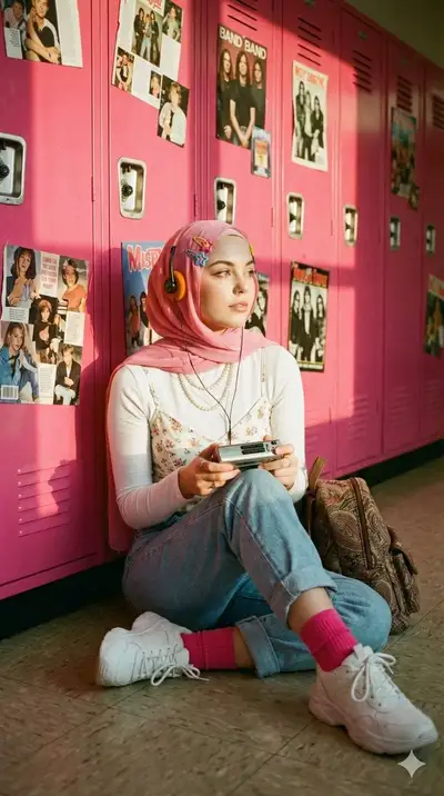Y2K coming-of-age portrait in a retro school hallway