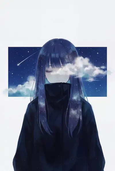 Minimalist Melancholic Anime Double Exposure Portrait