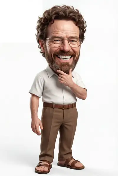3D caricature of a cheerful man with an oversized head and big smile