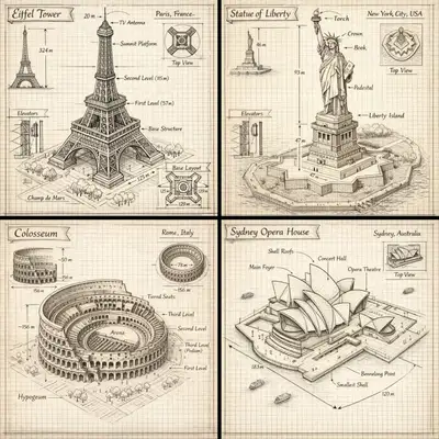 Hand-drawn isometric schematic diagram of a landmark
