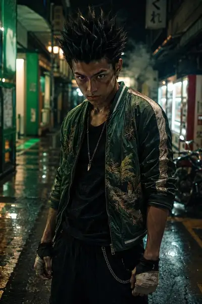 Personaje reimaginado como delincuente callejero japonés