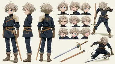 Anime character reference sheet for a young swordsman