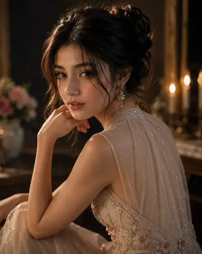 Retrato elegante à luz de velas com vestido bege bordado
