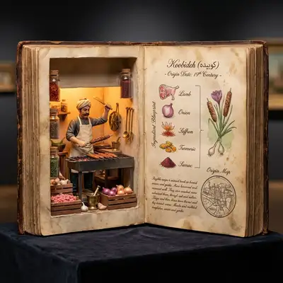 Diorama de códice culinário antigo revelando a origem de um prato