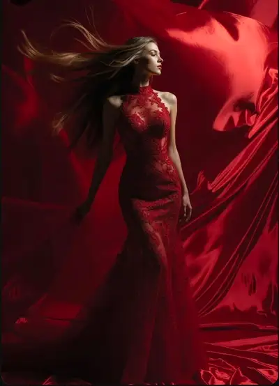 Cinematic Red Evening Gown Fashion Photo