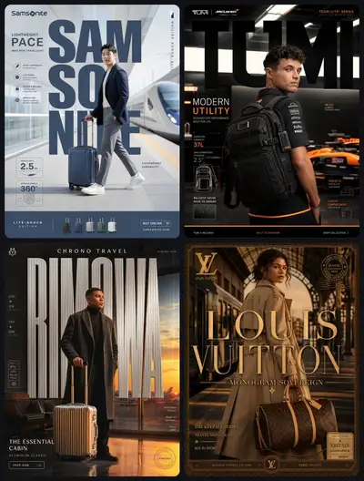 Four-panel luxury luggage brand celebrity campaign collage