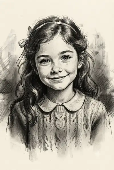 Portrait au fusain d'une fillette en pull torsadé