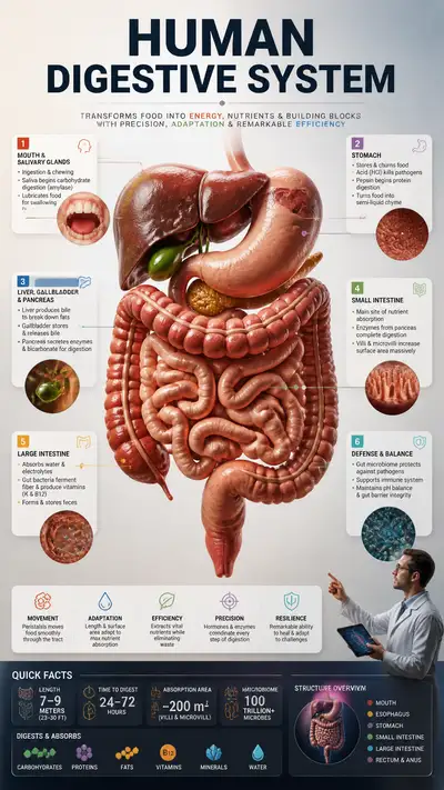 Human digestive system educational infographic prompt