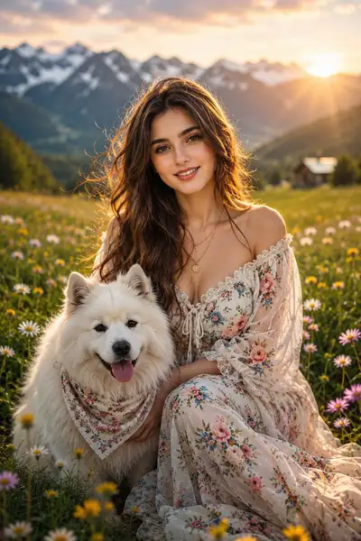 Romantic Mountain Meadow Portrait with Samoyed Dog