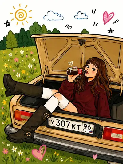 Verregnetes Retro-Porträt im Kofferraum eines Oldtimers