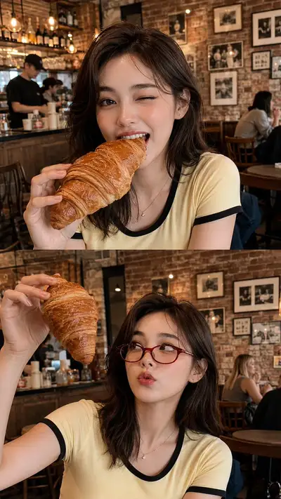 カフェでクロワッサンを楽しむライフスタイルコラージュ肖像プロンプト