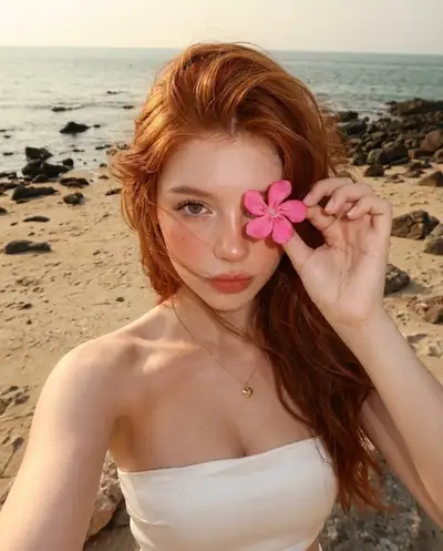 Golden hour beach selfie with a flower over one eye