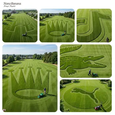 Giant logo mowed into a lawn, aerial land art photo