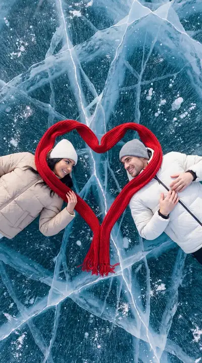 Photoreal Romantic Winter Drone Topdown Couple Heart Scarf