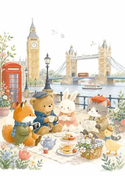 Storybook gouache illustration of animals traveling through a city