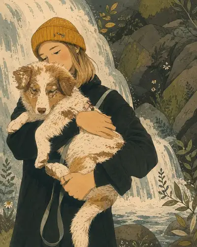 Ilustración Caprichosa de Libro de Cuentos de Mujer con Cachorro junto a Cascada