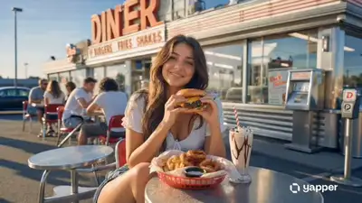 Golden-Hour-Diner-Szene beim Burgeressen, filmisches Video