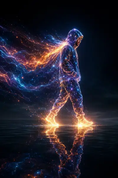 Cosmic Hooded Figure on Reflective Water