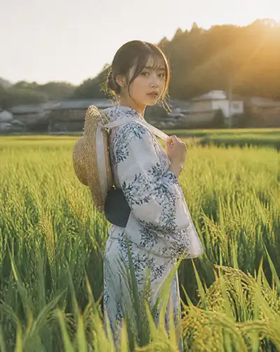 Dreamy portrait of woman in yukata walking through rice paddy