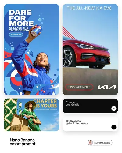Integrated 2D graphic and photography brand ad with product overlap
