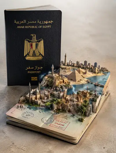 Egypt passport with a miniature 3D landmark diorama rising from its pages