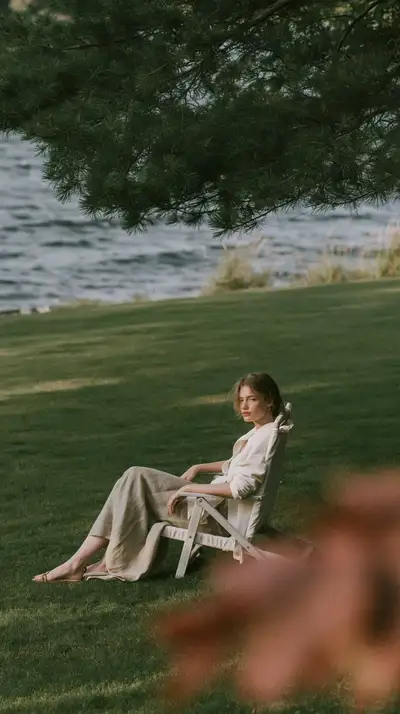 Minimalist Fashion Editorial Portrait on Lakeside Lawn