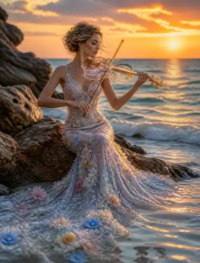Sonnenuntergangs-Modeshooting mit Kristallgeige am Meer