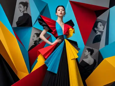 High-Fashion-Porträt mit architektonischem Origami-Hintergrund