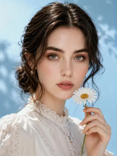 Retrato K-beauty com lírio rosa sobre fundo azul royal